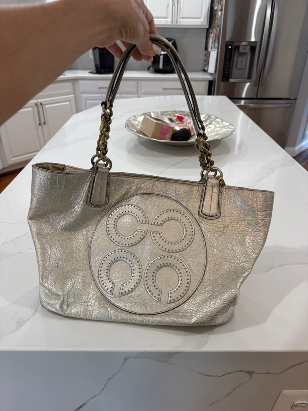 Coach Metallic Silver Leather Shoulder Bag with Chain Handles